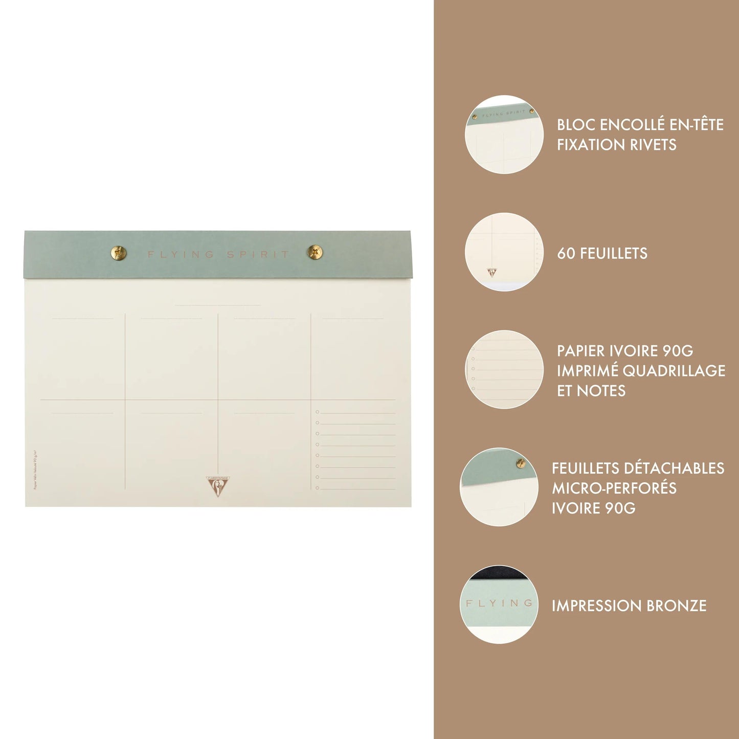 Flying Spirit Green planner block with rivets 24x17cm 60 detachable printed sheets. - Green grey (Pack x5)