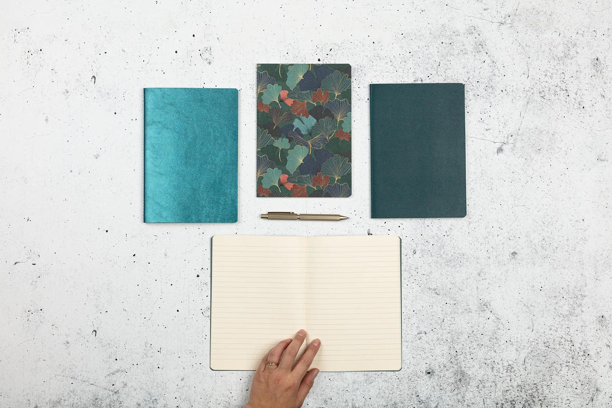 Ginkgo, Set von 2 Notebooks genäht Draht A5 14,8x21 cm, 64 Seiten, gefüttert. 1 Lederbezug Buch + 1 Karte Deckkarte gedruckt, Arsch. (6er-Pack)