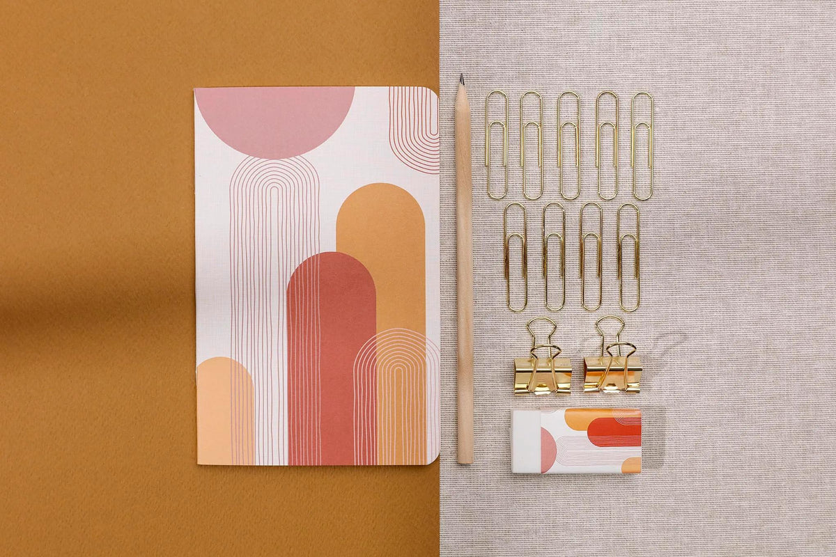 Terracotta, Kit of stationery containing a notebook 11x17 cm 64 pages lines, a pencil paper, 2 double clips, 10 trombones and a gum