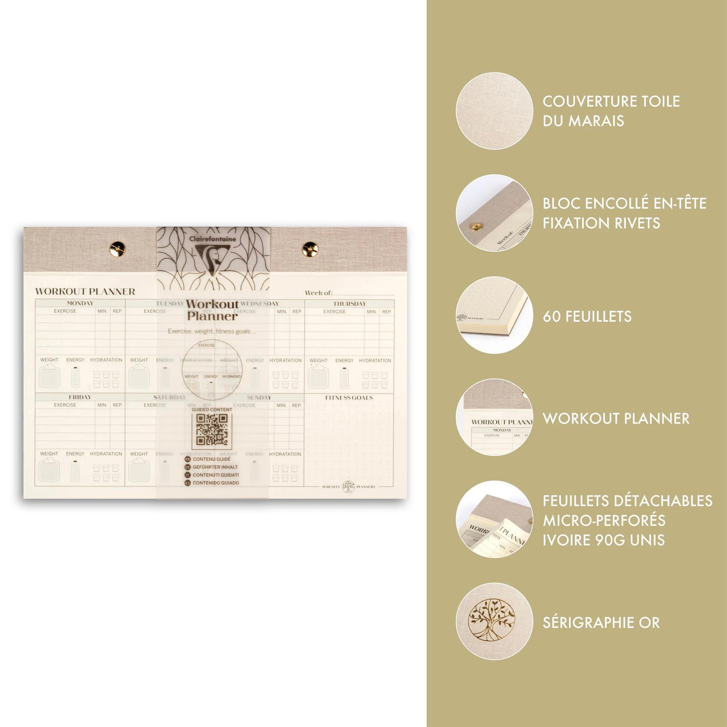 Inspire, Workout Planer, Rivet Block 24x17cm, Marais Leinwand, 60 abnehmbare Druckbogen, Arsch. - Neu (Paket x4)