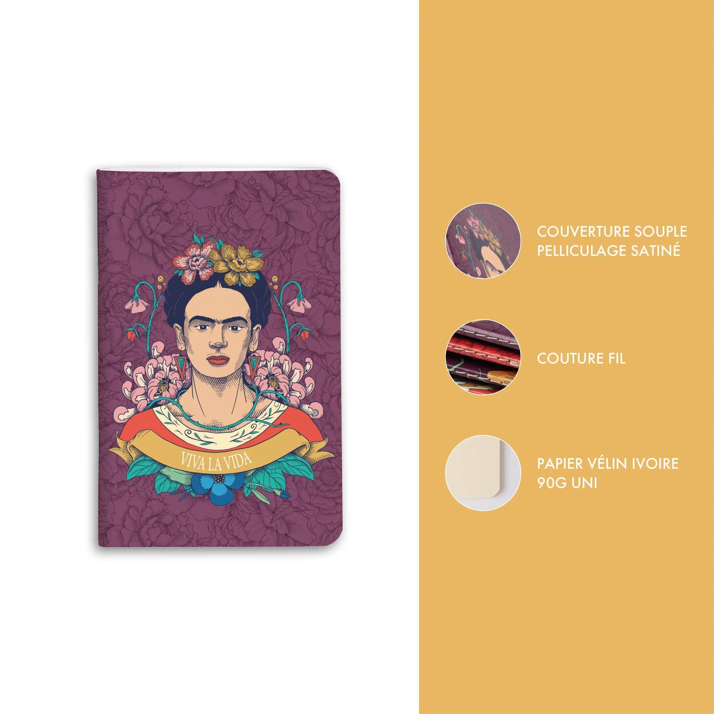 Frida Kahlo, Sewn Notebook Gewinde 7,5x12cm, 48 Seiten, glatt, Arsch. (Paket x36)