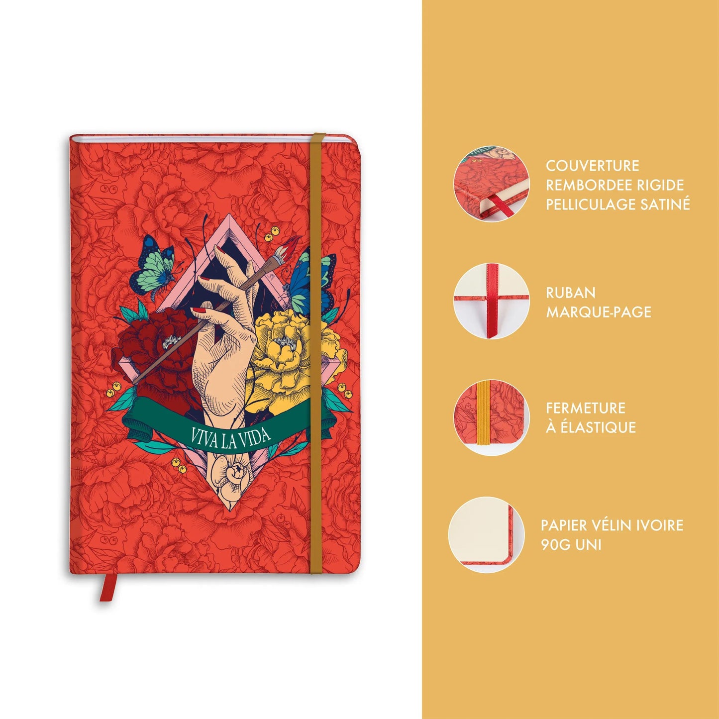 Frida Kahlo, A6 Hard-Wrapped Notebook 10.5x14.8 cm, 160 Seiten, glatt, Seitenmarke, elastischer Verschluss, Arsch. (Paket x4)