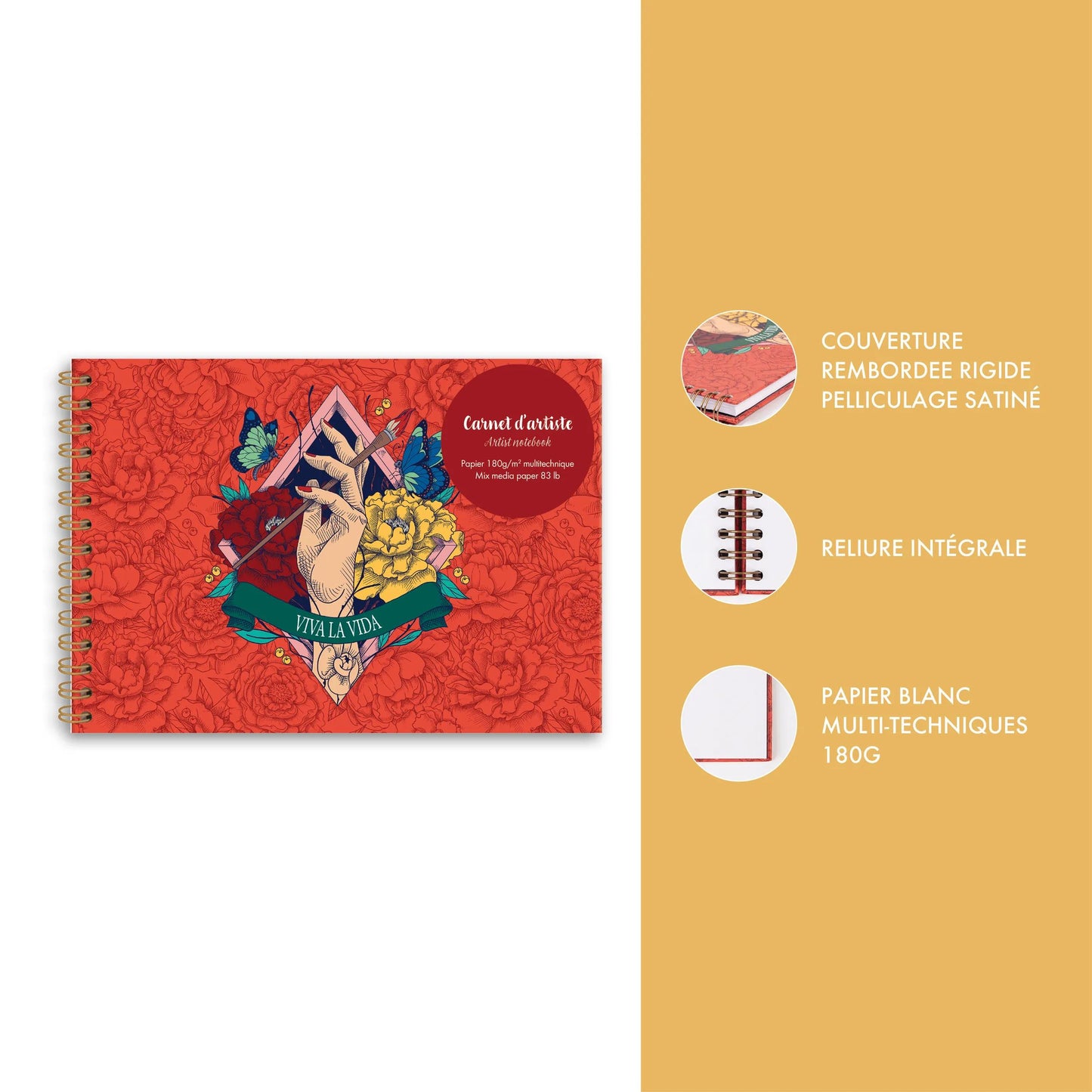 Frida Kahlo, Artist's diary integral binding A5 landscape, 30 sheets of multi-tech white drawing paper 180g (Pack x4)