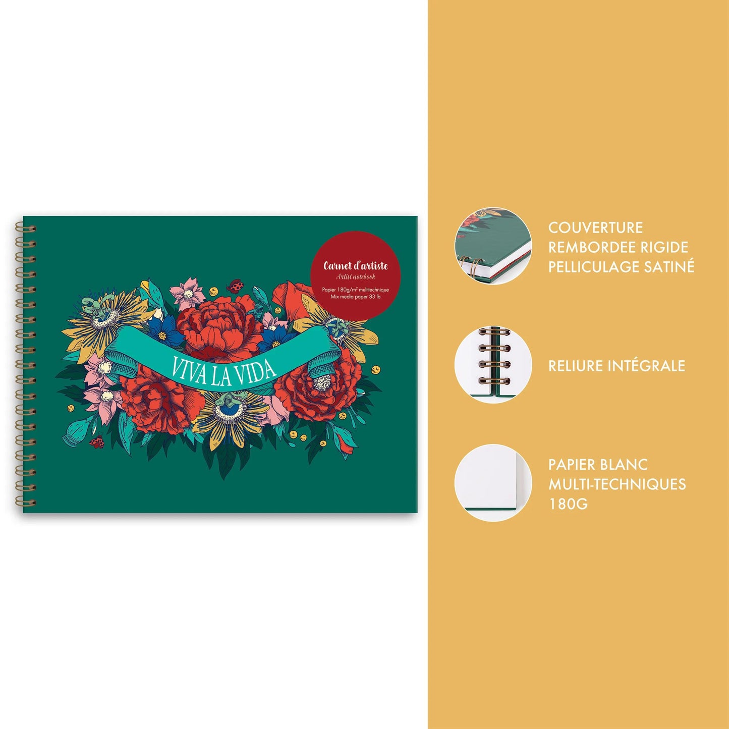 Frida Kahlo, Artist's diary complete binder 32 x 24 cm, 40 sheets of multi-tech white drawing paper 180g (Pack x3)