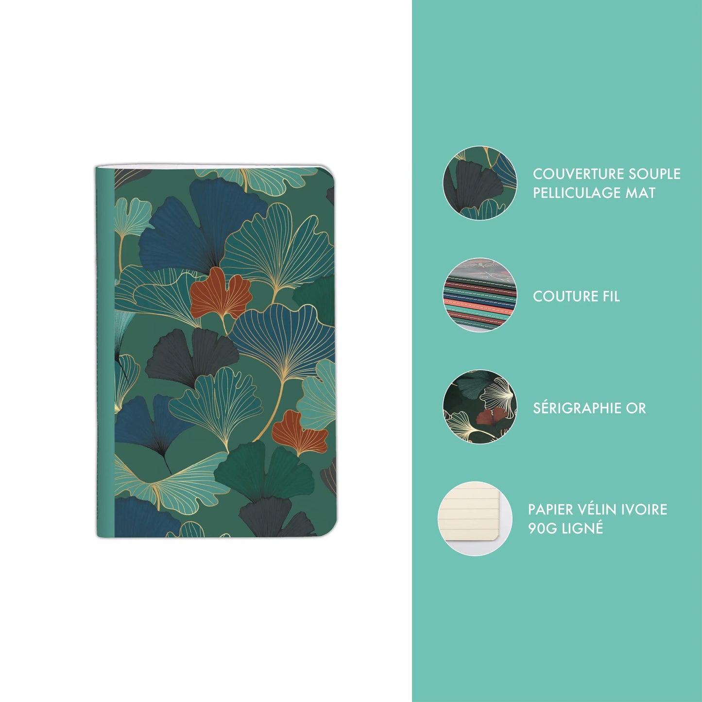 Gaïa blue, Sewn notebook thread 7.5 x 12 cm, 48 pages, lined (Pack x36)