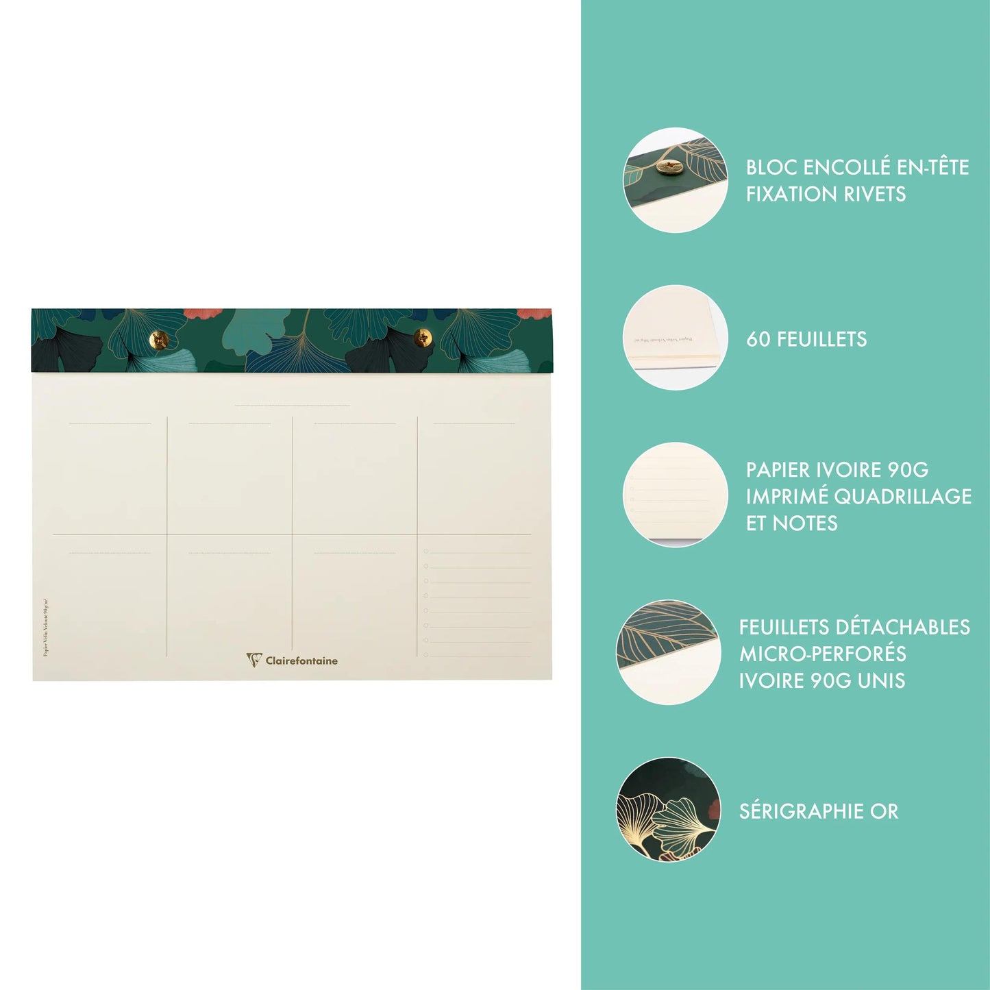 Gaïa blue, planner block with rivets 24x17cm 60 detachable printed sheets. (Pack x4)