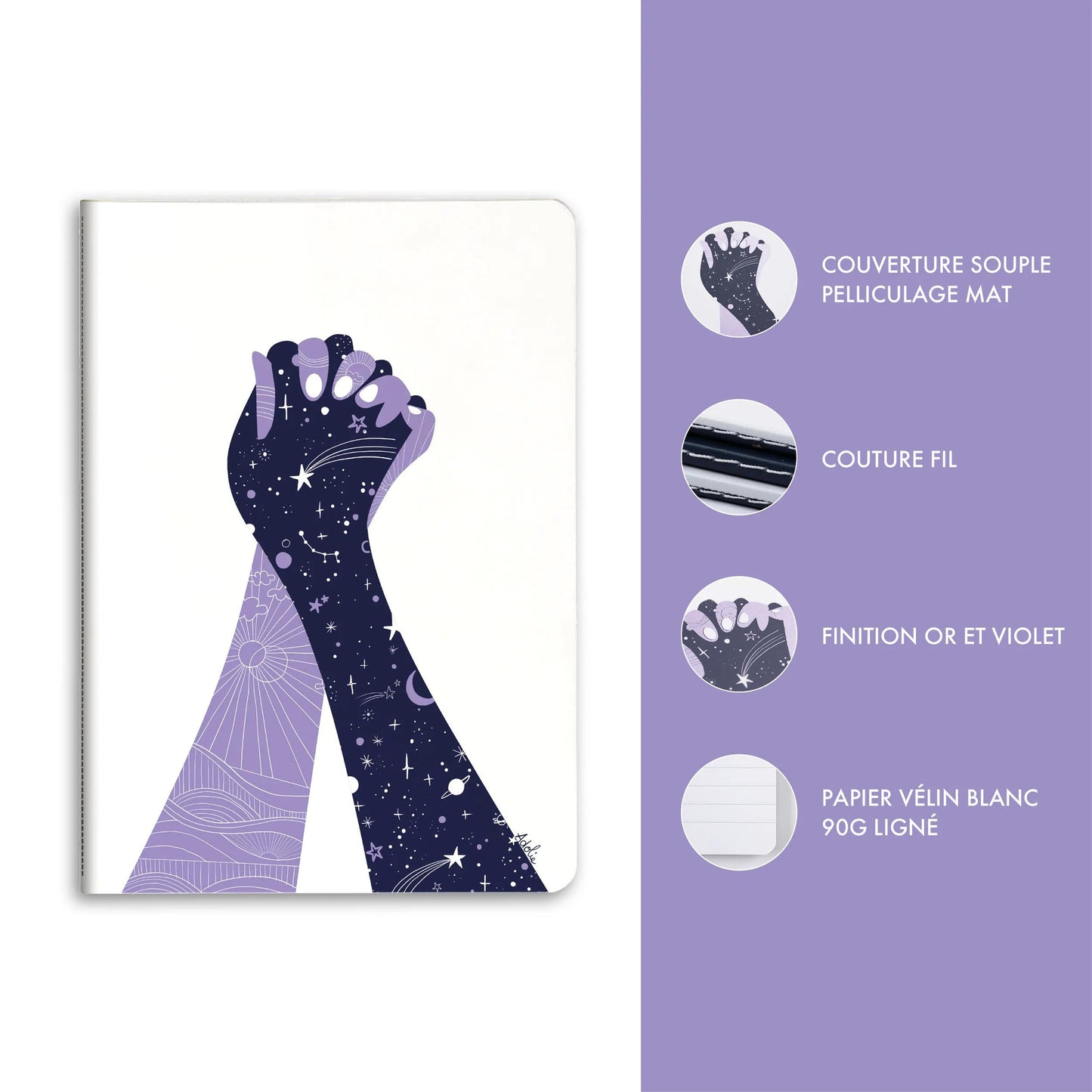 Adolie, Carnet cousu fil A5 14,8x21 cm, 64 pages, ligné, ass. (Lot x9)