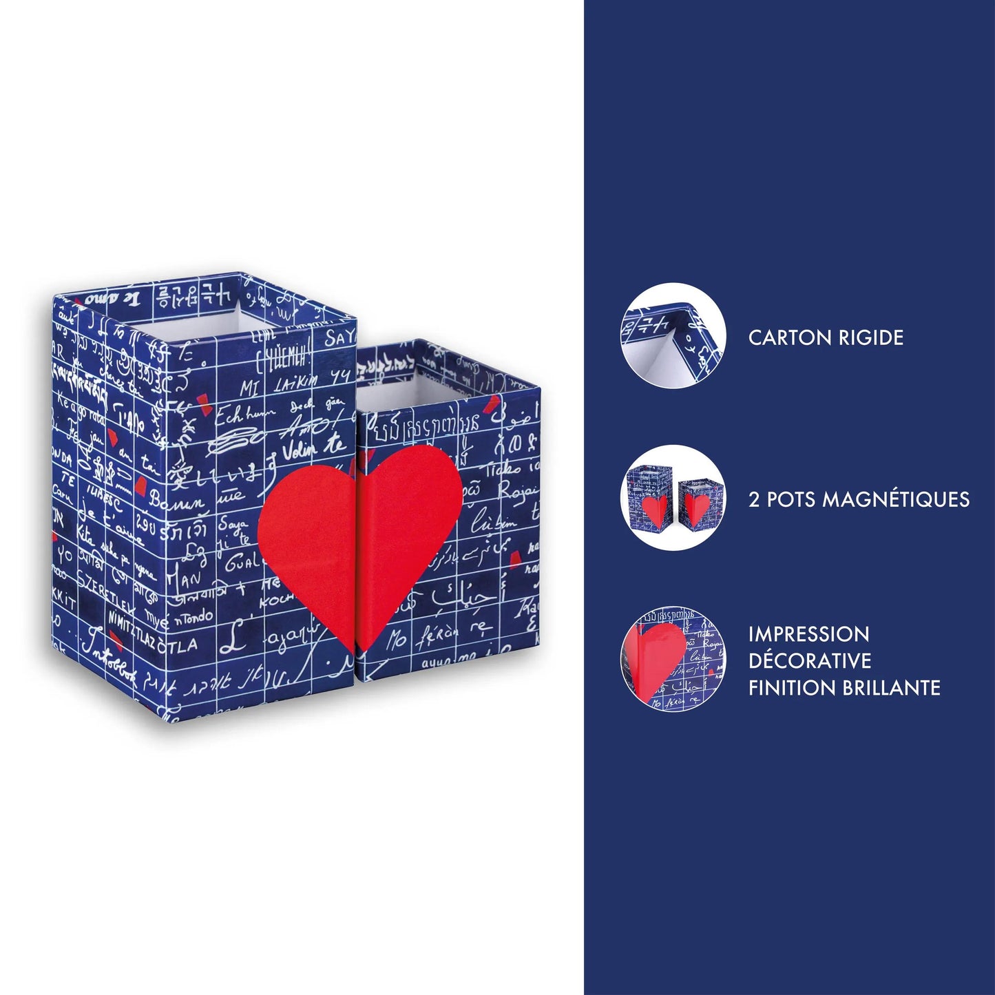 Die Mauer von I Love You, Set von 2 mittelmagnetischen Bleistiftgläsern 6x6x11 cm und klein 6x6x8 cm - Neu (Paket x4)