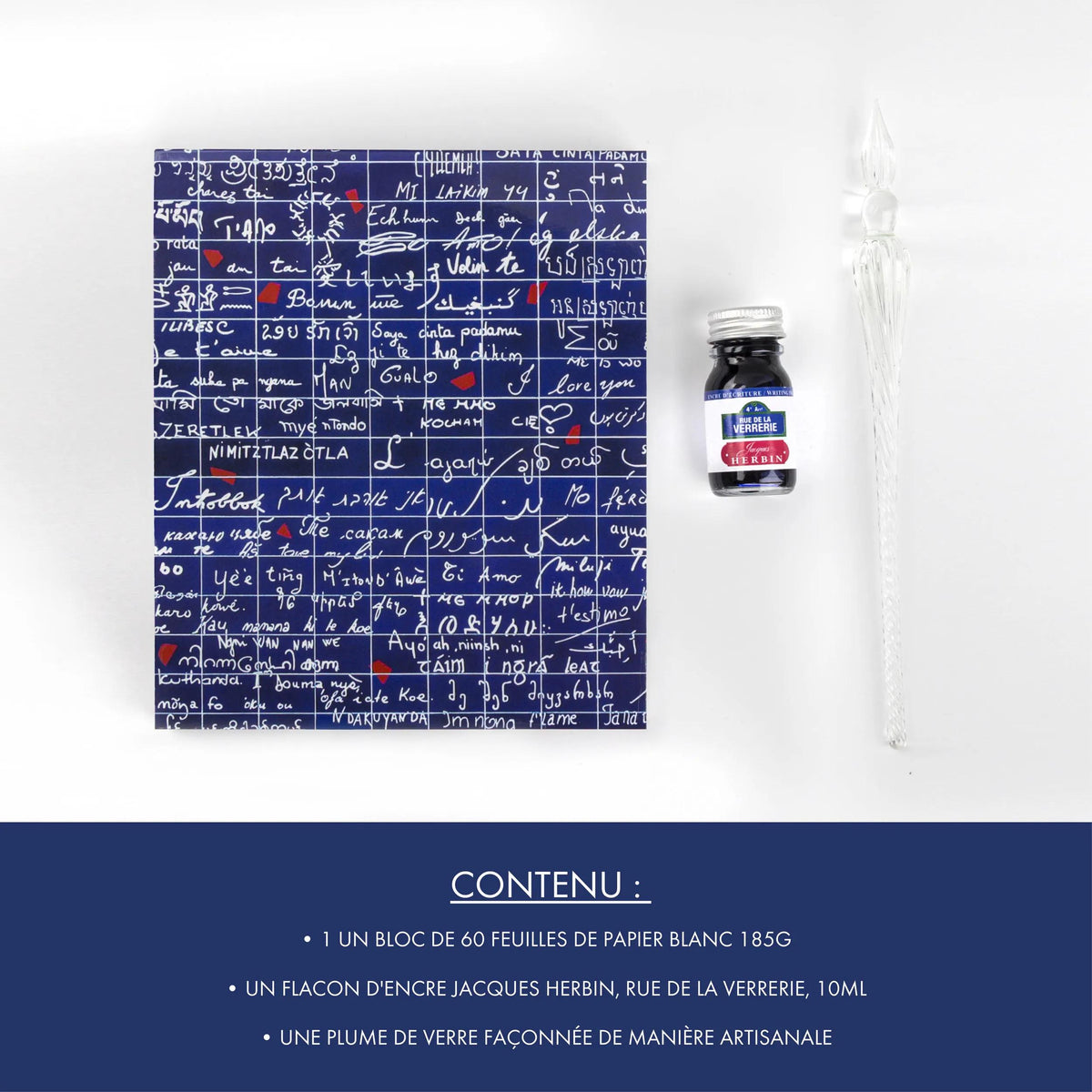 The Wall of I love you, Calligraphy set 21x21 cm containing a glass feather, a bottle of ink Rue de la Verrerie 10ml Jacques Herbin, a block of 60 sheets of white paper 185g - New