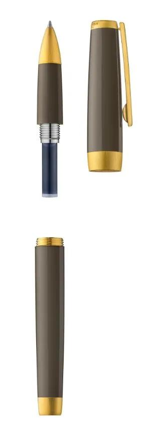 Stylo roller, corps résine de couleur étoupe, attributs or jaune brossé - Taupe