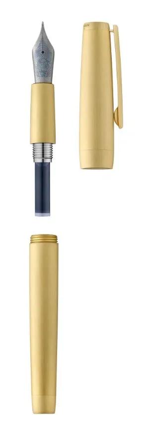 Precious metal pen, 3N brushed yellow gold body and attributes, titanium feather EF