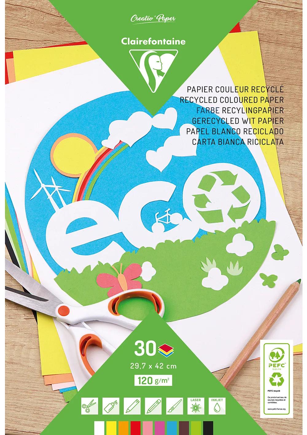RECYCLE COLOUR PAPER, 30 sheet block 120g/m2 in 29.7x42cm format - Assortment (Pack x5)
