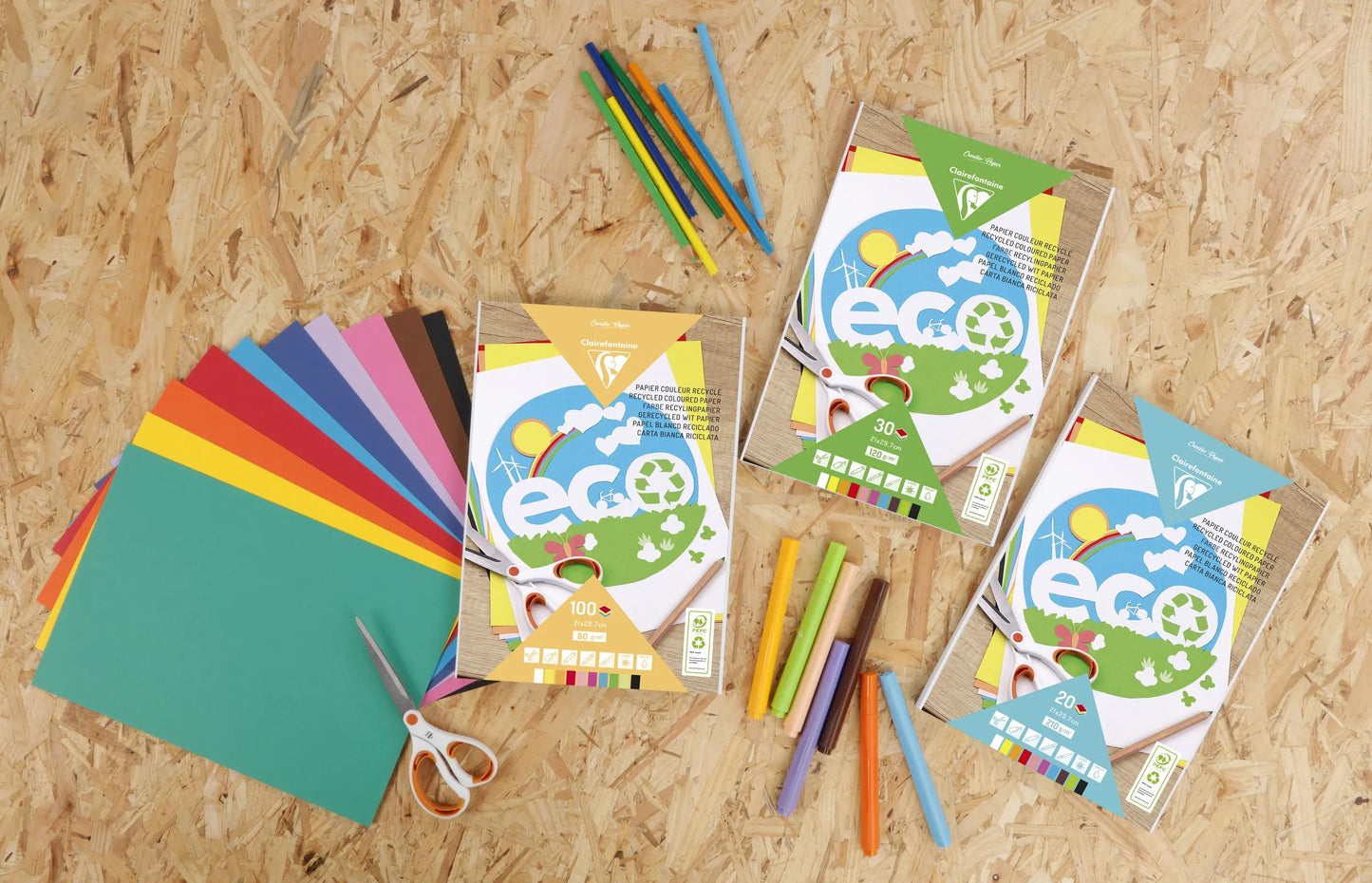 RECYCLE COLOUR PAPER, Block of 20 sheets 210g/m2 in A4 format (21x29 .7cm), Assortment - 10 colours - Assortment (Pack x5)