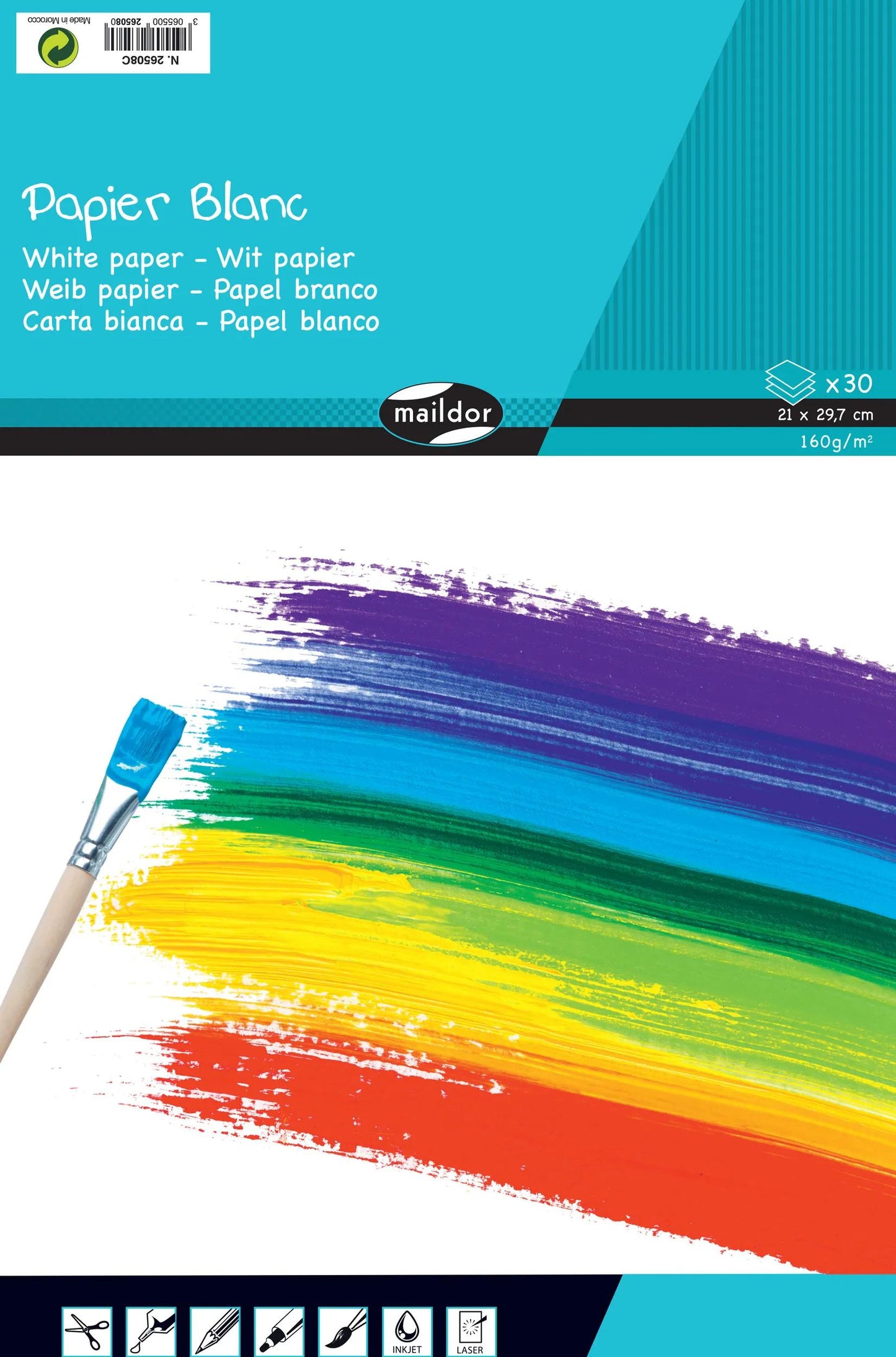 WHITE PAPER, Block von 30 Blättern 160g/m2 in 21x29.7cm Format - Weiß (Paket x5)
