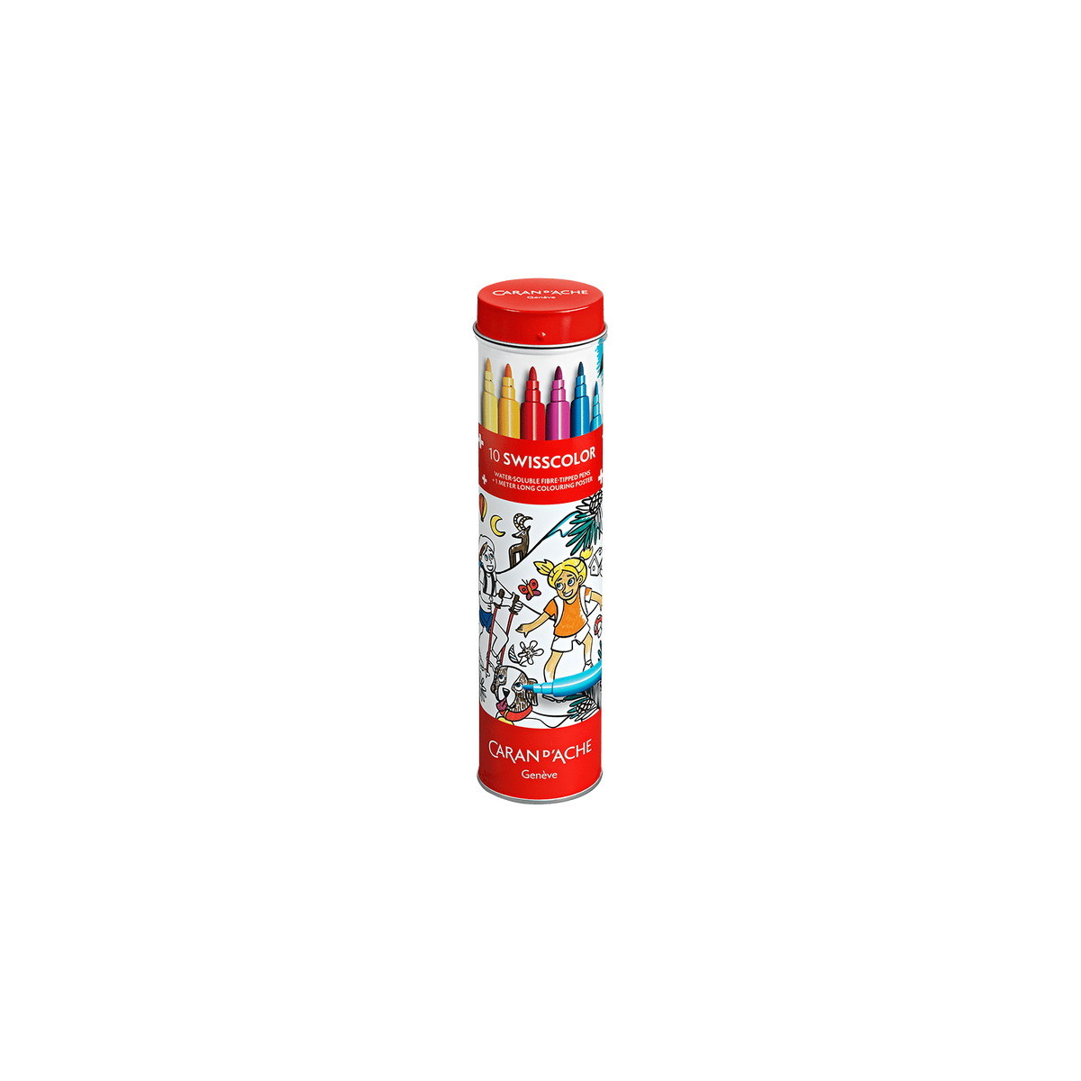 Metal tube 10 SWISSCOLOR standard Fibre-tipped Pens + Poster on the theme of Switzerland through