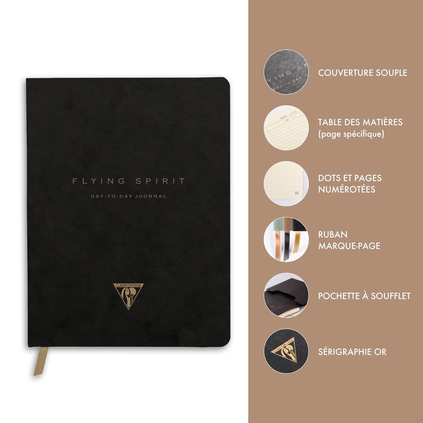Flying Spirit, Black, DaytoDay journal 19x25 cm, 192 pages, dowry, bellow pouch on the back, marker, elastic closure, ass. - Black (Pack x5)