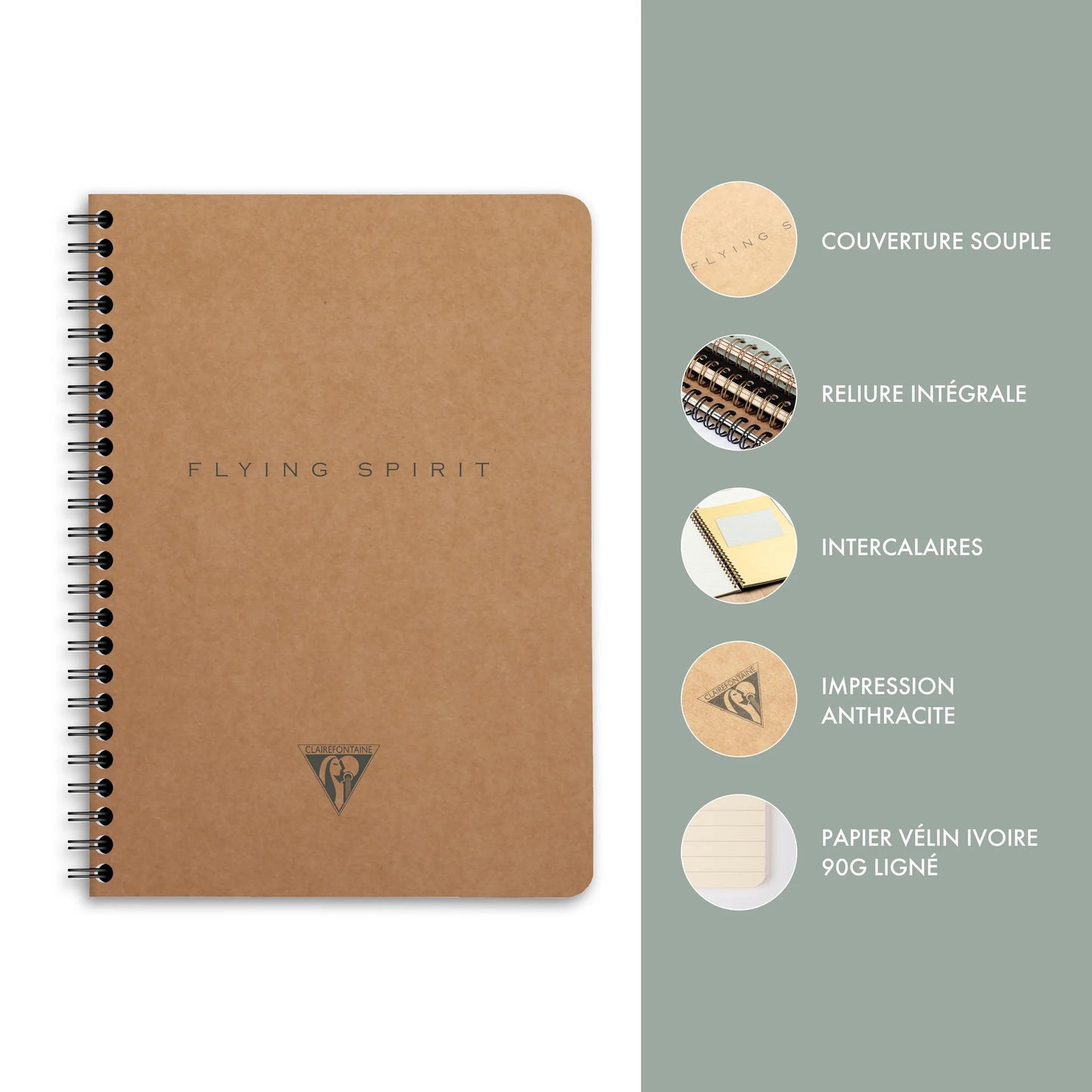 Carnet reliure intégrale à pochettes Flying Spirit Kraft A5 120 pages détachables ligné motifs assortis papier ivoire 90g - Brun (Lot x5)