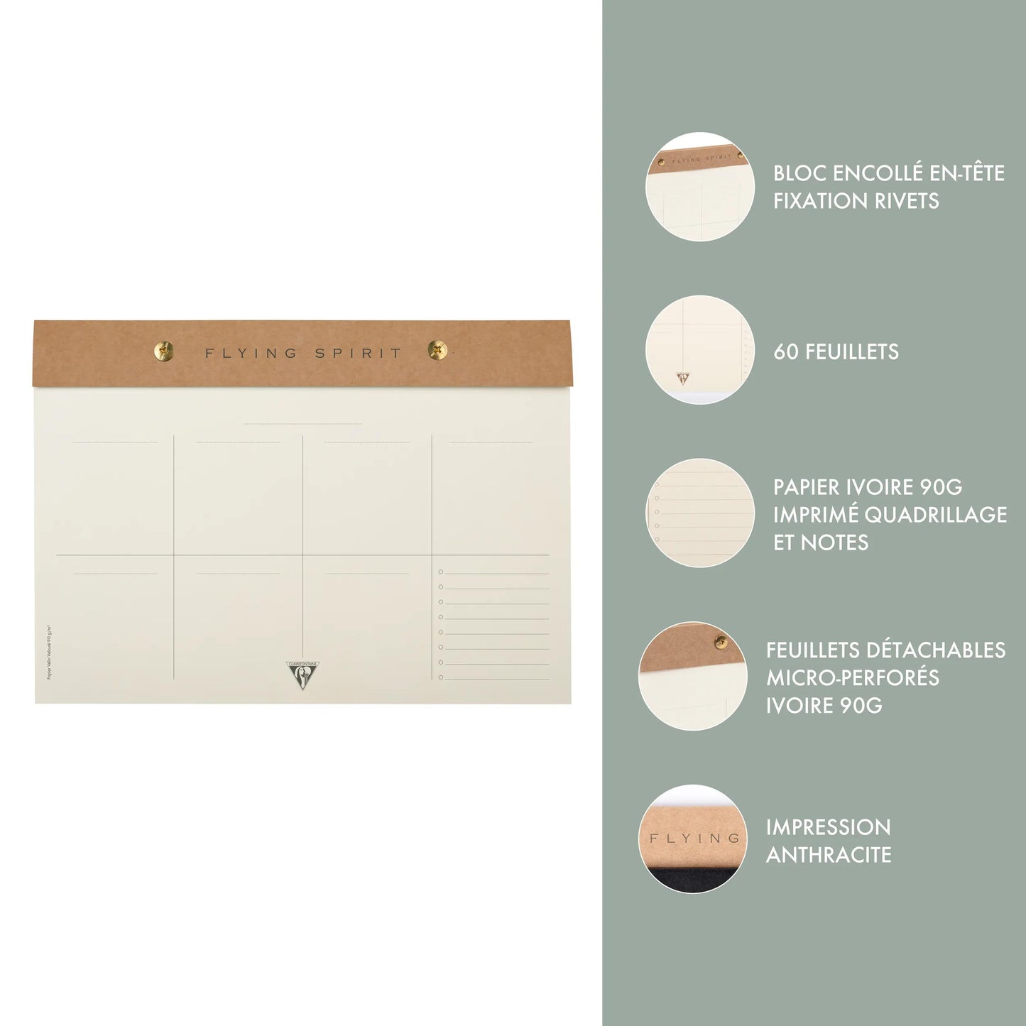 Flying Spirit Kraft planner block with rivets 24x17cm 60 detachable printed sheets. - Kraft (Pack x5)