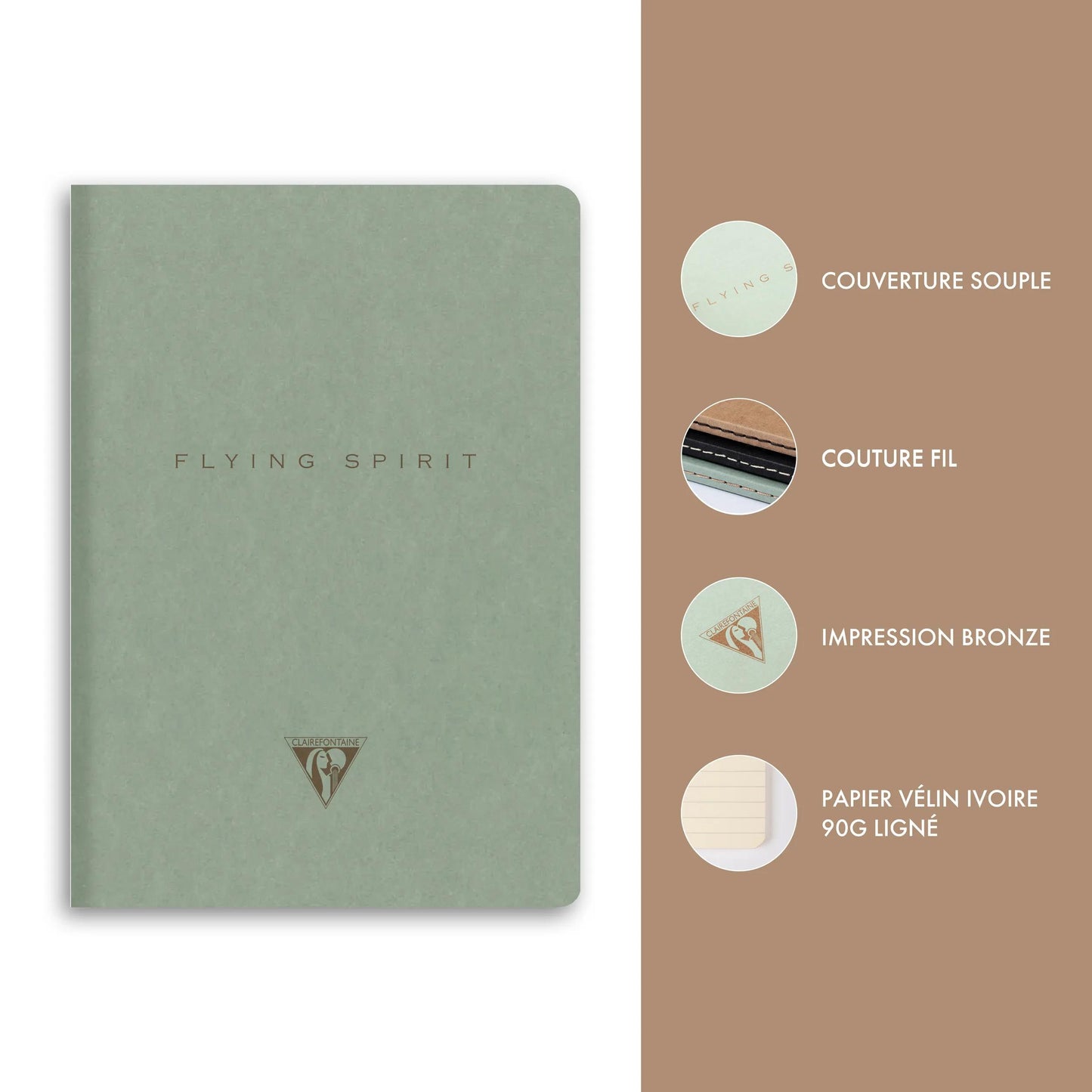 Flying Spirit textile sting A5 96 pages lined matching patterns ivory paper 90g - Green of grey (Pack x5)