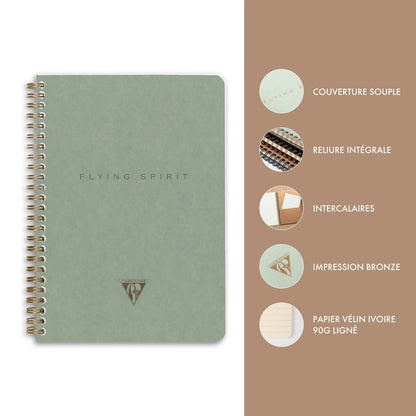 Flying Spirit Green complete pocket binding book 14,8x21cm 120p detach. lineed motifs matching ivory paper 90g - Green of grey