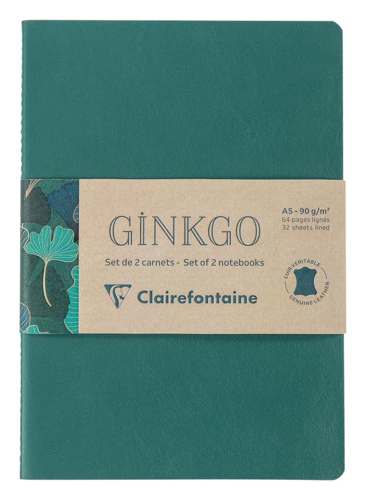 Ginkgo, Set of 2 notebooks sewn wire A5 14,8x21 cm, 64 pages, lineed. 1 leather cover book + 1 card cover card printed, ass.