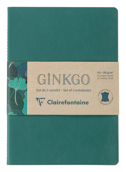 Ginkgo, Set of 2 notebooks sewn wire A5 14,8x21 cm, 64 pages, lineed. 1 leather cover book + 1 card cover card printed, ass.