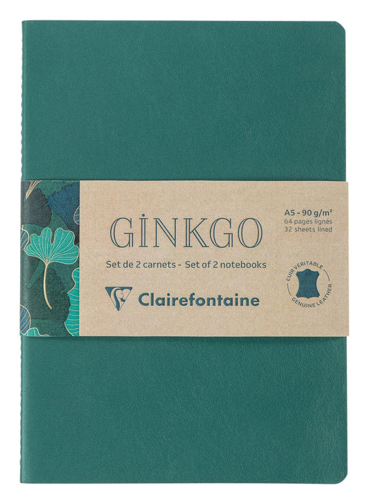 Ginkgo, Set of 2 notebooks sewn wire A5 14,8x21 cm, 64 pages, lineed. 1 leather cover book + 1 card cover card printed, ass. (Pack x6)