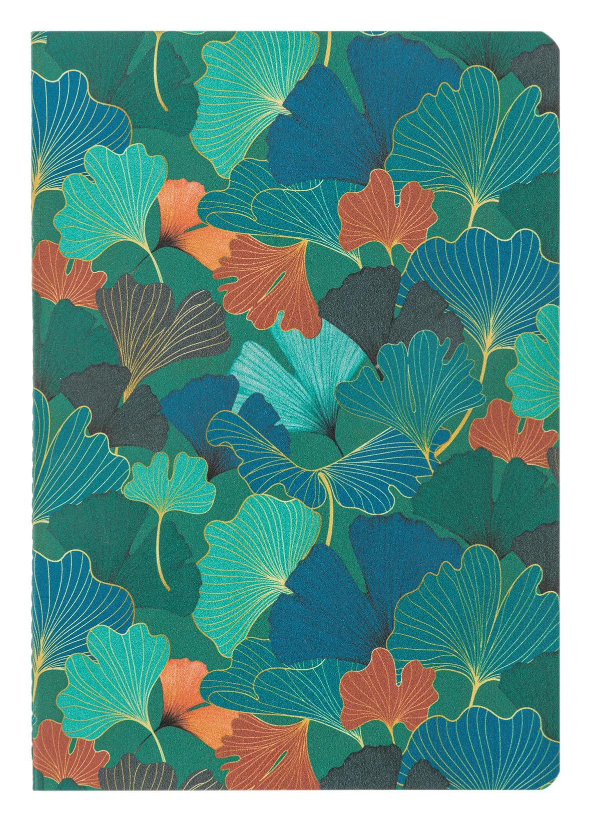 Ginkgo, Set of 2 notebooks sewn wire A5 14,8x21 cm, 64 pages, lineed. 1 leather cover book + 1 card cover card printed, ass.
