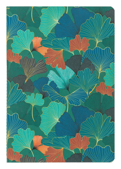 Ginkgo, Set of 2 notebooks sewn wire A5 14,8x21 cm, 64 pages, lineed. 1 leather cover book + 1 card cover card printed, ass.