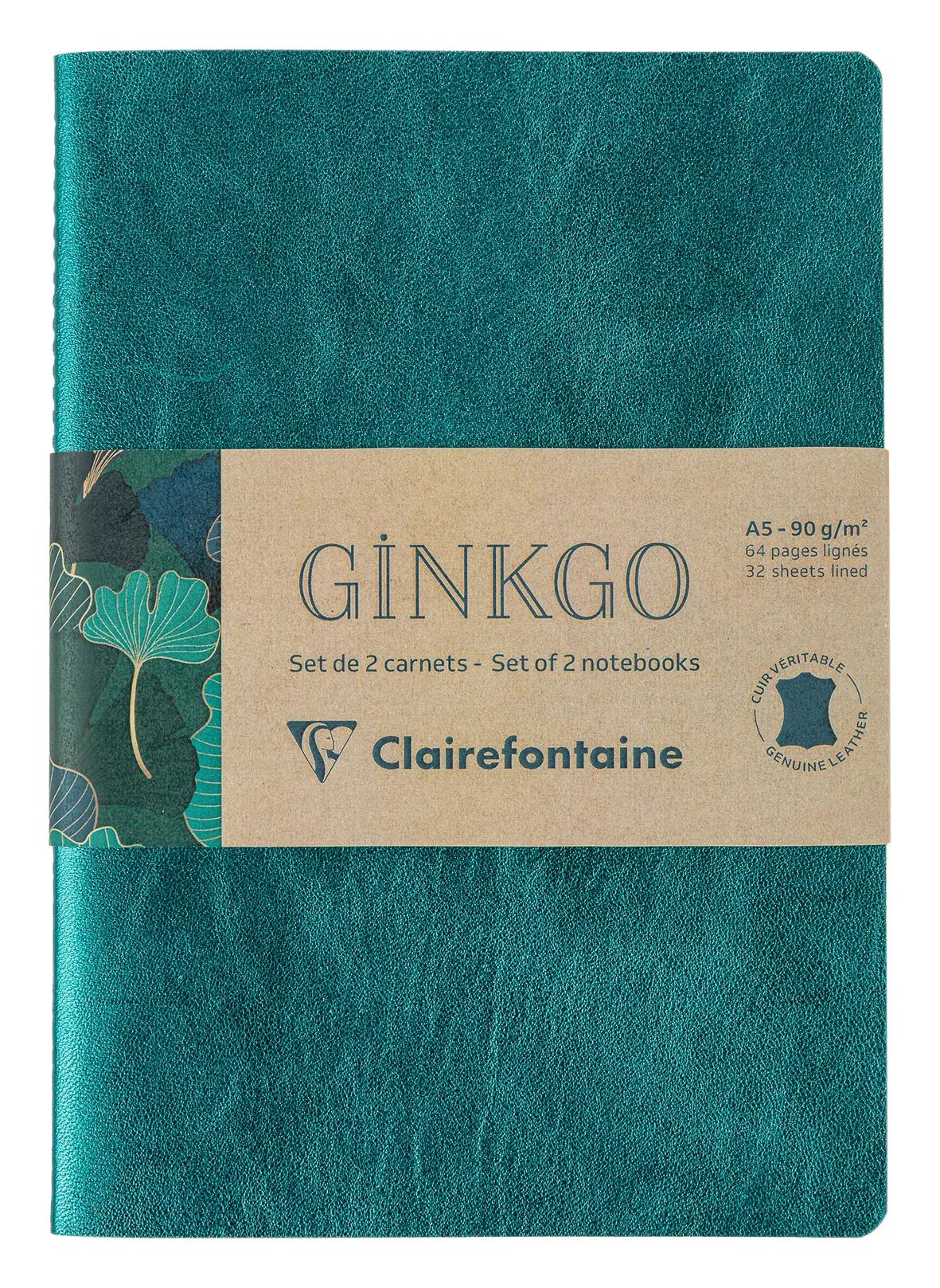 Ginkgo, Set of 2 notebooks sewn wire A5 14,8x21 cm, 64 pages, lineed. 1 leather cover book + 1 card cover card printed, ass.