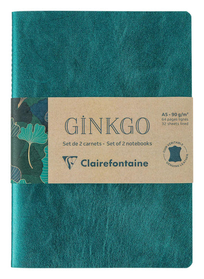 Ginkgo, Set of 2 notebooks sewn wire A5 14,8x21 cm, 64 pages, lineed. 1 leather cover book + 1 card cover card printed, ass.