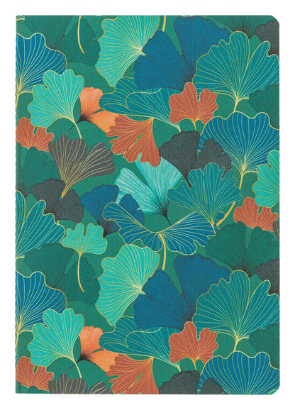 Ginkgo, Set of 2 notebooks sewn wire A5 14,8x21 cm, 64 pages, lineed. 1 leather cover book + 1 card cover card printed, ass.