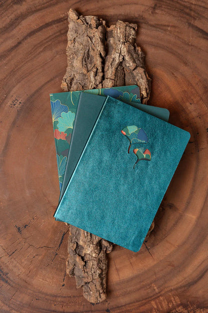 Ginkgo, Leder broached Notebook A5 14,8x21 cm, 144 Seiten, gefüttert, Arsch. (4er-Pack)