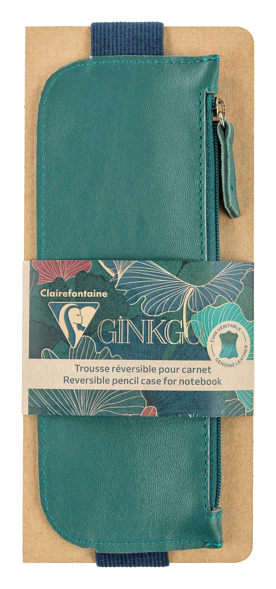 Ginkgo, Reversible leather case for A5 notebook (2 faces: a leather side tinted green fir, a leathery side blue indigo) with an elastic 19x7.5 cm (Pack x3)
