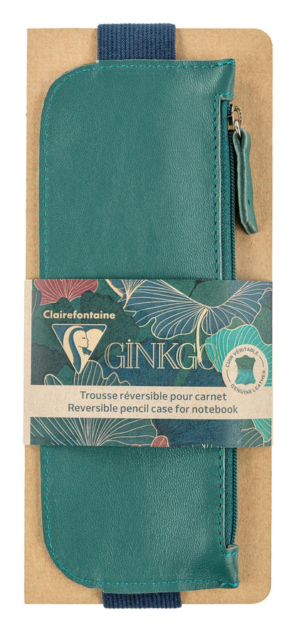 Ginkgo, Reversible leather case for A5 notebook (2 faces: a leather side tinted green fir, a leathery side blue indigo) with an elastic 19x7.5 cm (Pack x3)