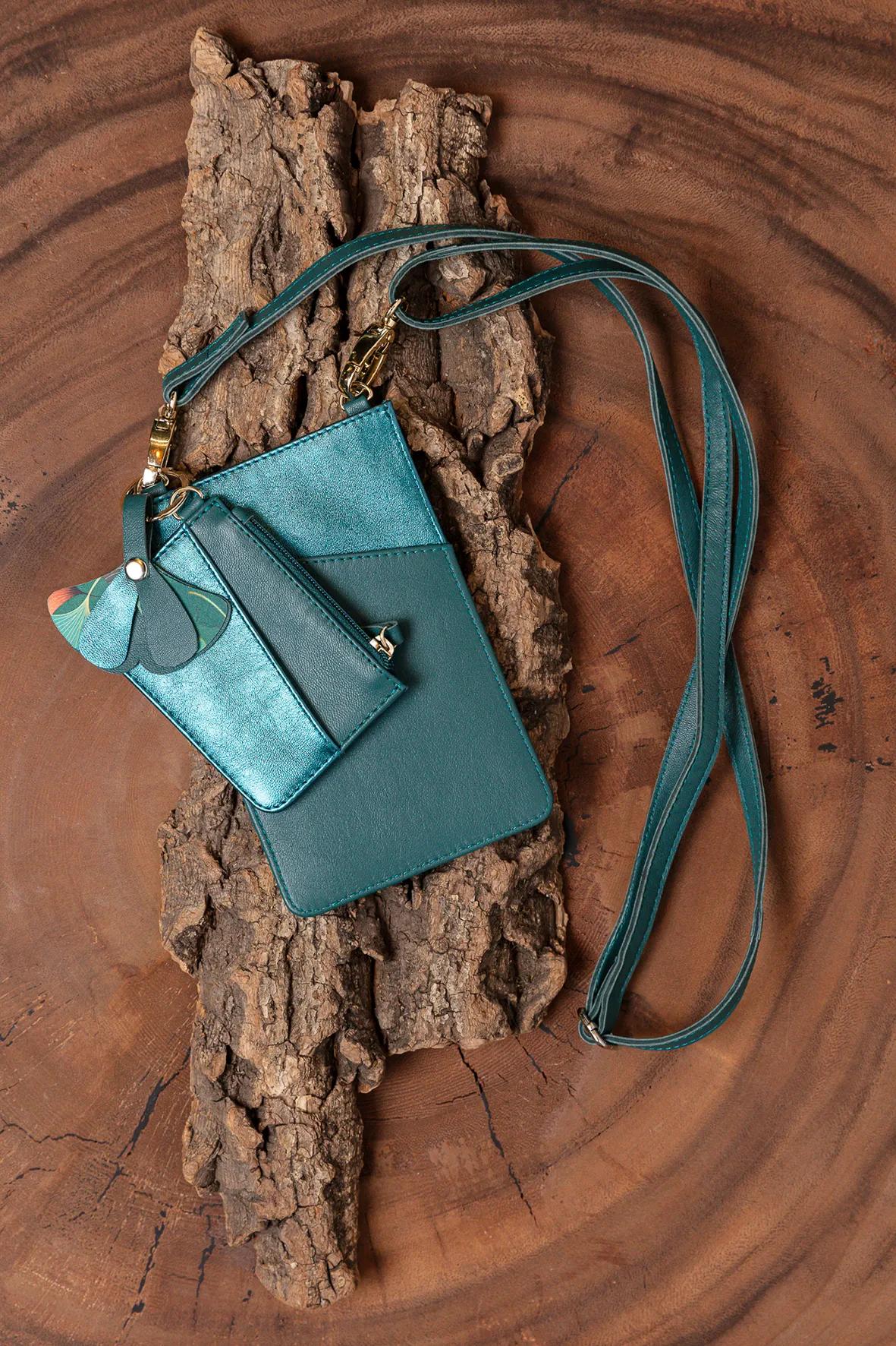 Ginkgo, Telefontasche & Lederzubehör (kleine Handytasche 10.5x16.5 cm + Kartenhalter 7.5x10.5 cm + Schlüsselring 7x6.5 cm) (3er-Pack)