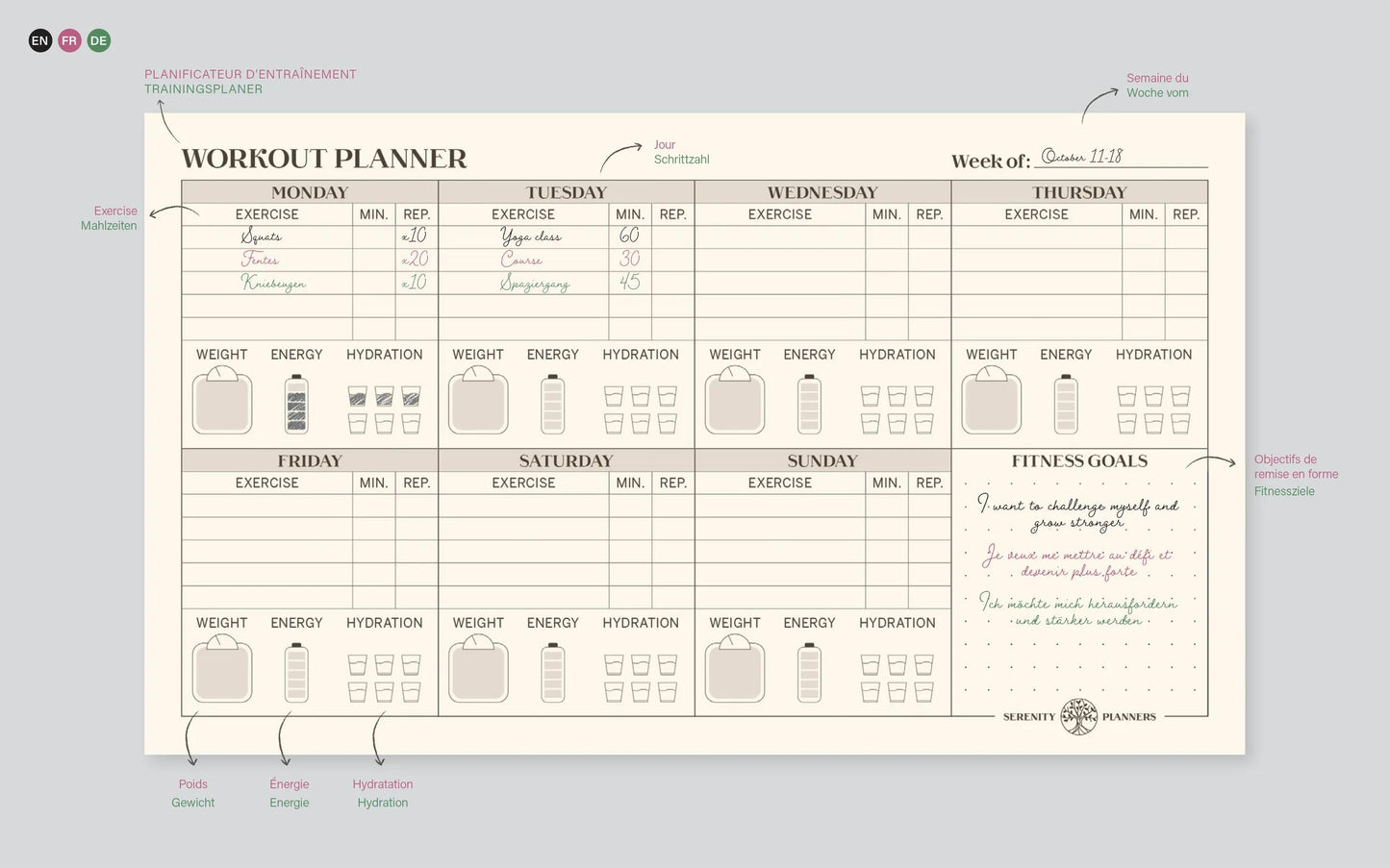 Inspire, Workout Planer, Rivet Block 24x17cm, Marais Leinwand, 60 abnehmbare Druckbogen, Arsch. - Neu (Paket x4)