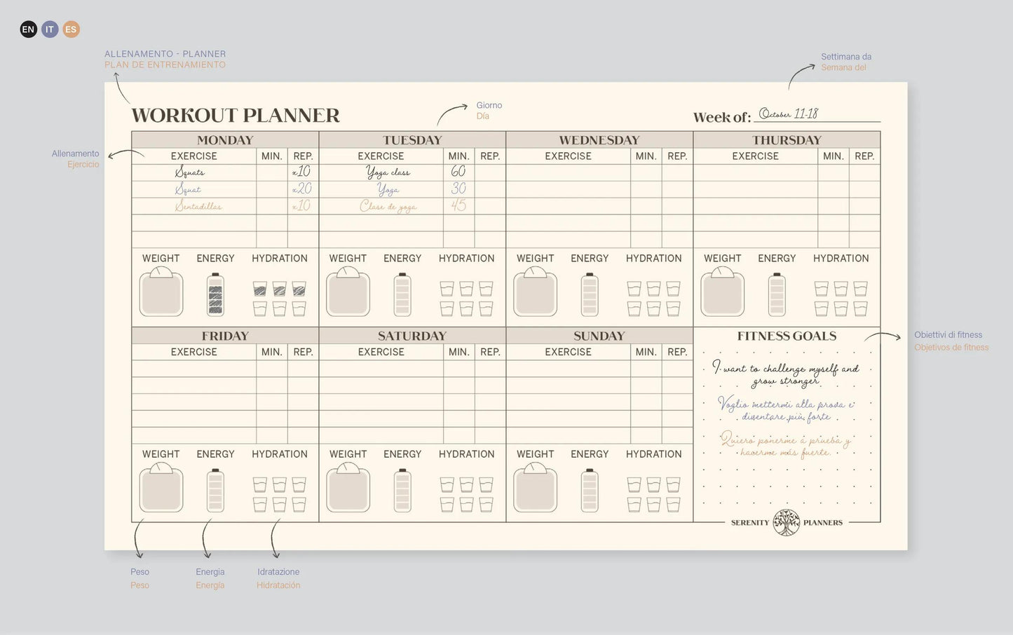 Inspire, Workout Planer, Rivet Block 24x17cm, Marais Leinwand, 60 abnehmbare Druckbogen, Arsch. - Neu (Paket x4)