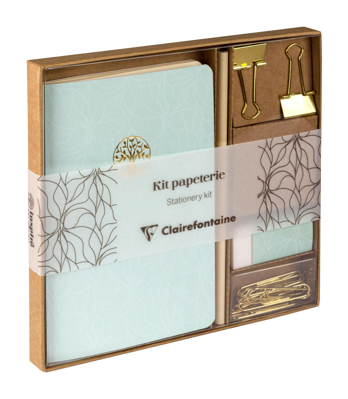 Ispirare, Kit di cancelleria contenente un quaderno 11x17 cm 64 pagine linee, una carta a matita, 2 clip doppie, 10 tromboni e una gomma - Nuovo (confezione da 3)