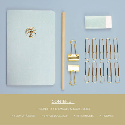 Ispirare, Kit di cancelleria contenente un quaderno 11x17 cm 64 pagine linee, una carta a matita, 2 clip doppie, 10 tromboni e una gomma - Nuovo (confezione da 3)