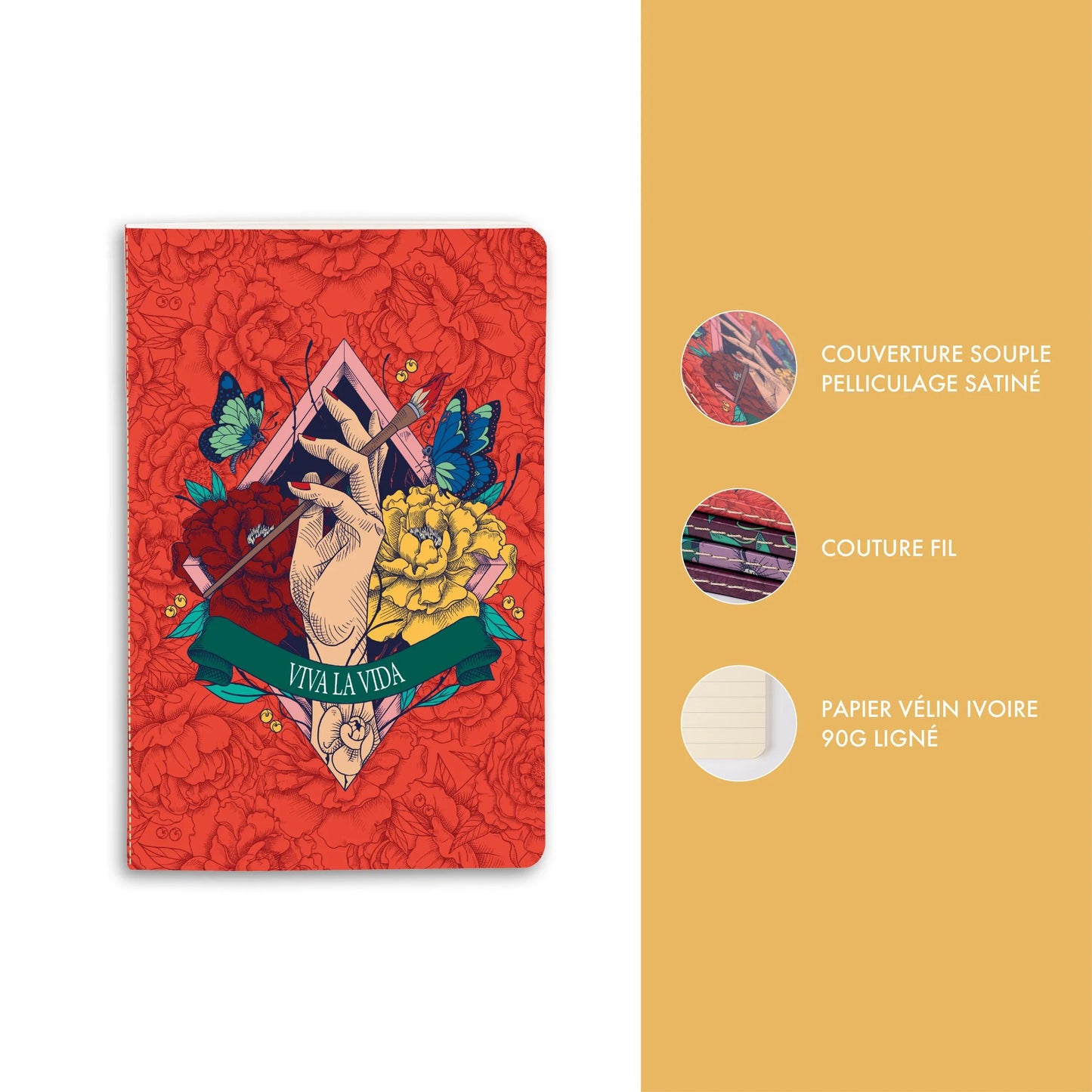 Frida Kahlo, Buch genäht 9x14cm Draht, 96 Seiten, gefüttert, Arsch. (Paket x8)