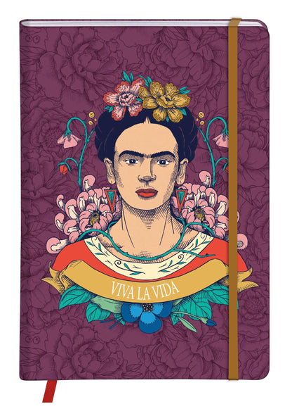 Frida Kahlo, Carnet rembordé rigide A5 14,8x21 cm, 160 pages, ligné, marque page, fermeture élastique, ass. (lot de 4)