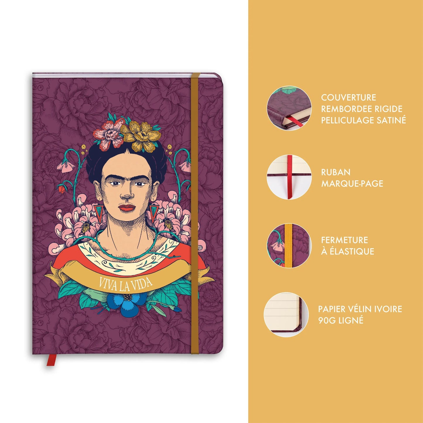 Frida Kahlo, A5 14.8x21 cm, 160 Seiten, gefüttert, Seitenmarke, elastischer Verschluss, Arsch. (Paket x4)