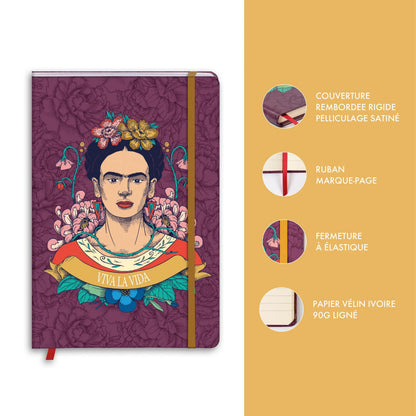 Frida Kahlo, Carnet rembordé rigide A5 14,8x21 cm, 160 pages, ligné, marque page, fermeture élastique, ass. (lot de 4)