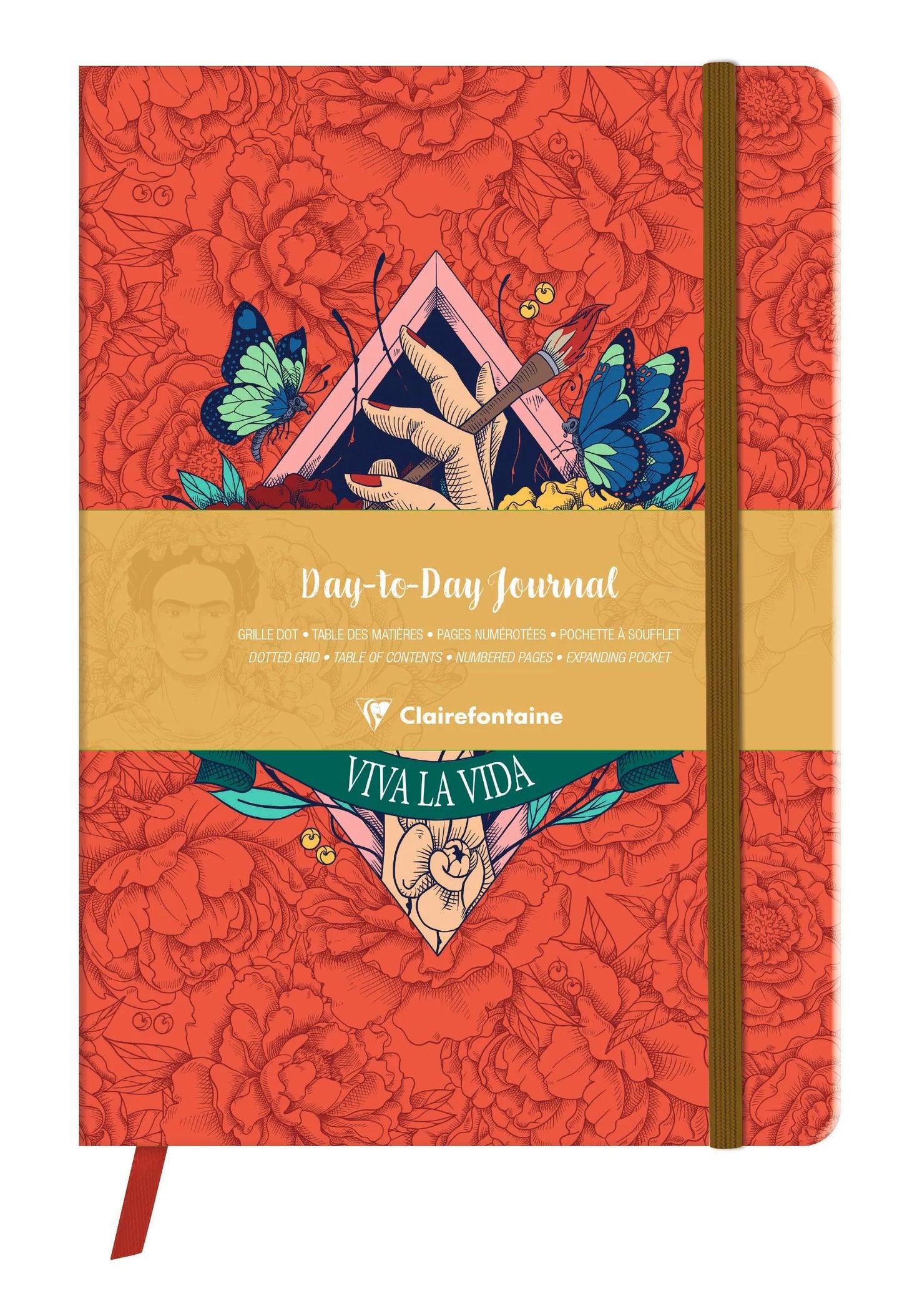 Frida Kahlo, giornale DaytoDay 19x25 cm, 192 pagine, dote, soffietto sul retro, marcatore, chiusura elastica, culo. (Pacchetto x4)