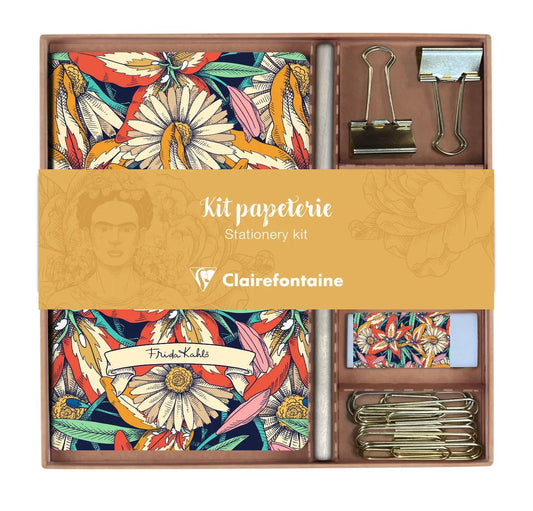 Frida Kahlo, Kit of stationery containing a notebook 11x17 cm 64 pages lines, a pencil of paper, 2 double clips, 10 trombones and a gum (Pack x3)