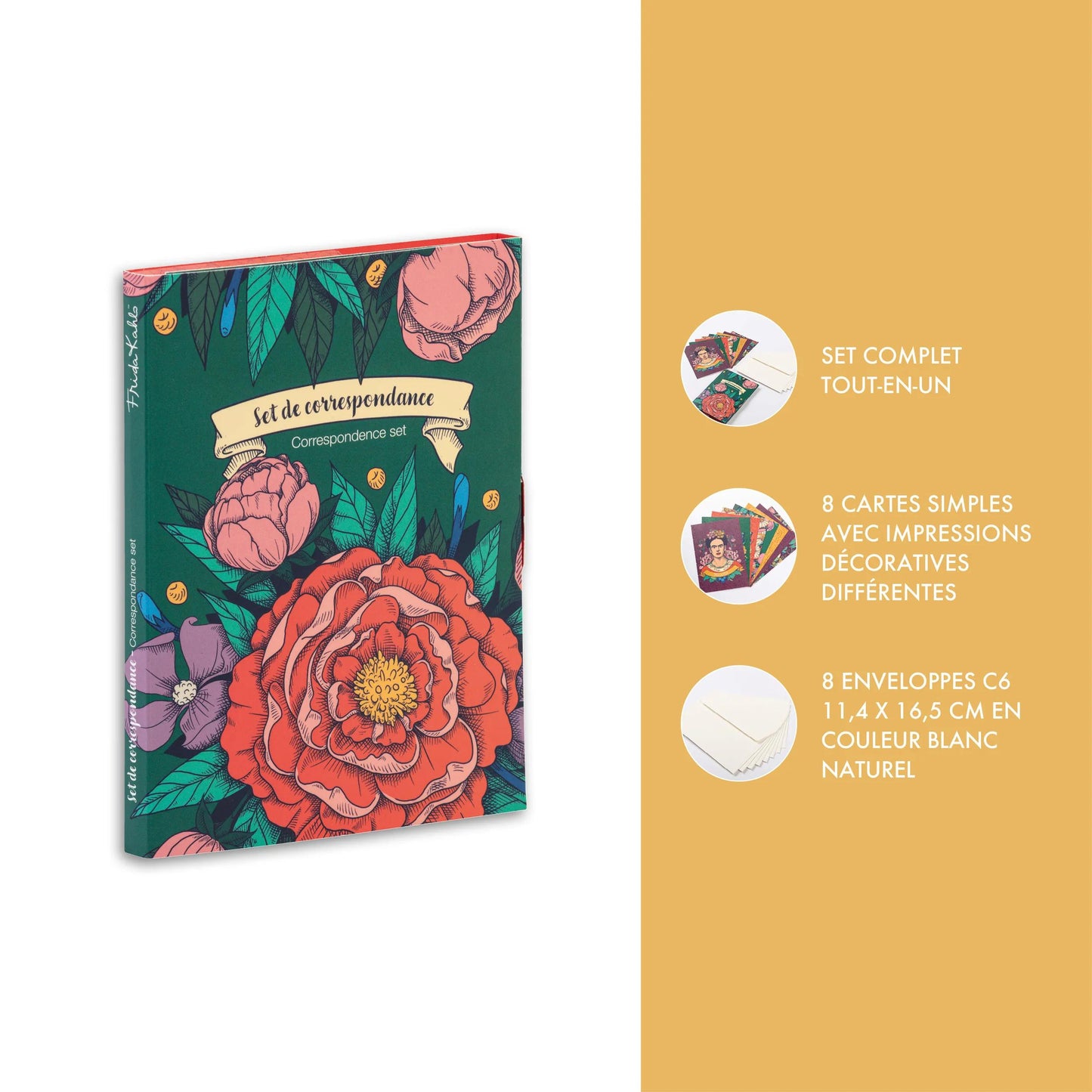 Frida Kahlo, Match Set 12x16.5 cm contenente 8 carte singole assortite 11x15.5 cm e 8 buste Polline C6 bianco naturale (Pacchetto x5)