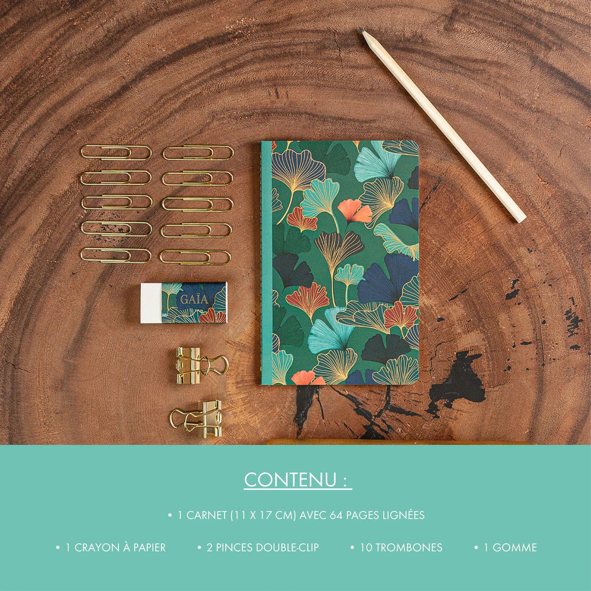 Gaïa blau, Kit aus Schreibwaren mit Notizbuch 11x17 cm 64 Zeilen Seiten, Bleistiftpapier, 2 Doppelclips, 10 Posaunen und Gummi (3er-Pack)