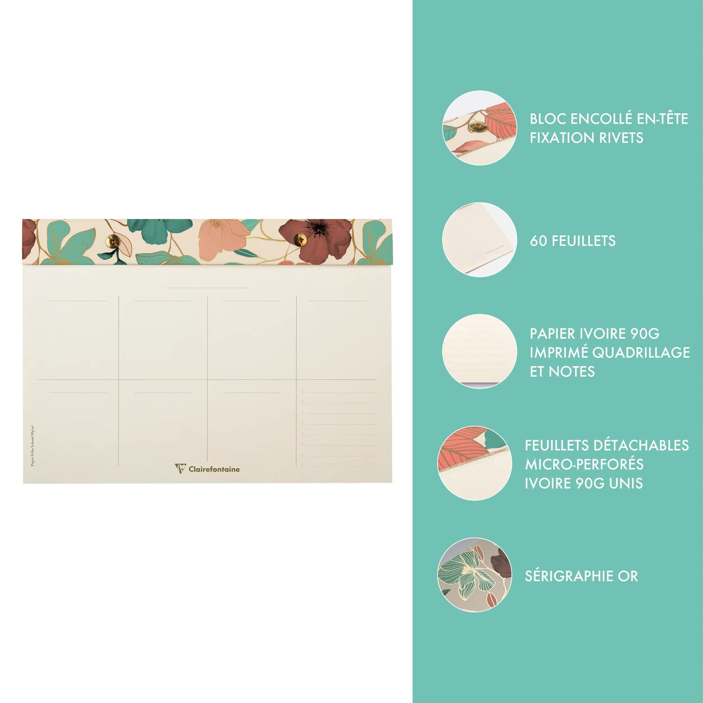 Gaia beige, planner block with rivets 24x17cm 60 detachable printed sheets. (Pack x4)