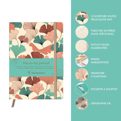 Gaïa beige, DaytoDay journal A5 14,8x21 cm, 192 pages, dot, pochette à soufflet au dos, marquepage, fermeture élastique, ass. (lot de 4)